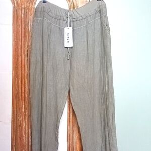 Suzy D Linen Trousers Taupe large drawstring straight pants